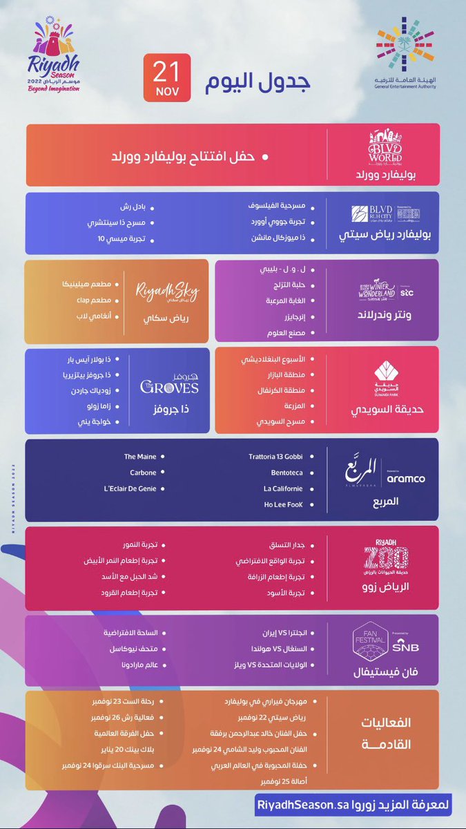 RiyadhEvents22's tweet photo. جدول فعاليات #موسم_الرياض اليوم https://t.co/KG3tiqXyRI