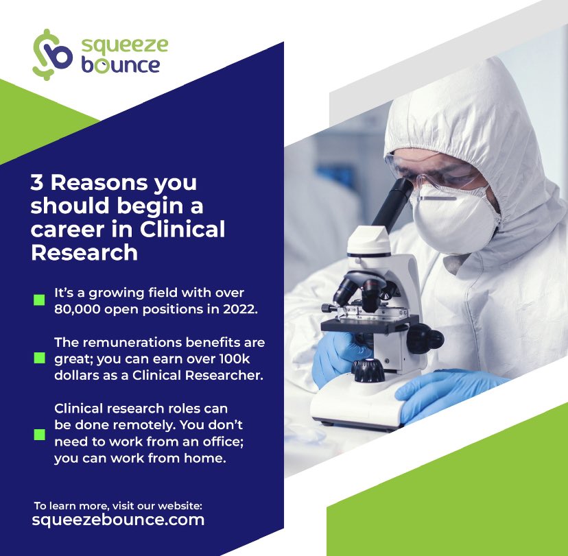 The demand for clinical researchers is growing exponentially! ✅🩺👩‍⚕️

There’s no better time than now to kickstart your career as a professional in this field👌🚀

Get started here 📌 @ Squeezebounce.com 

#Clinicalresearch #clinicaltips #clinicaltrialresults
