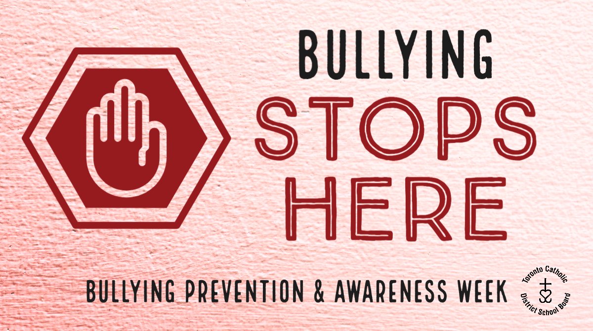 TCDSB's tweet photo. The third week of November is Bullying Prevention and Awareness Week, a time to learn about being an ally and promoting a positive learning environment.  

#StopBullying https://t.co/V9N7SPSLRI