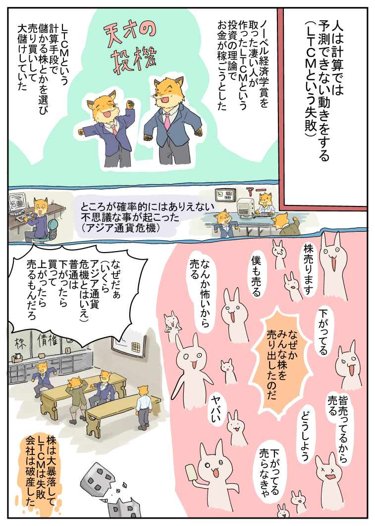 金融は天体のように規則的に複雑な動きをしているわけではなかったのだ。突然破局が訪れる。まぁ天体だって超巨大な惑星が太陽系を横切ればその重力でぐちゃぐちゃになるんだけどね。天体は人ほどメチャクチャな動きはしないから