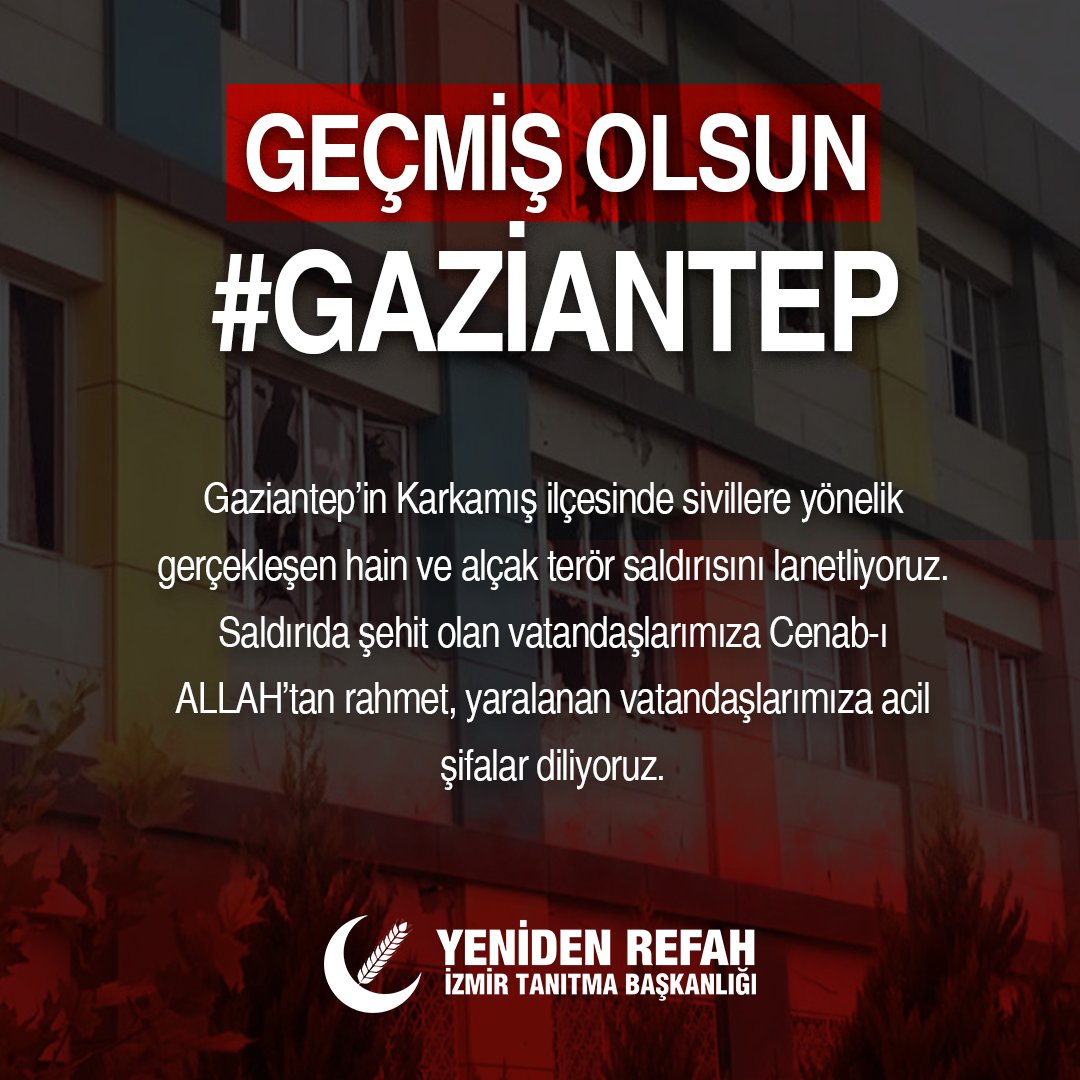 #Gaziantep’ in #Karkamış ilçesinde sivillere yönelik gerçekleşen hain ve alçak terör saldırısını lanetliyoruz. Saldırıda şehit olan vatandaşlarımıza Cenab-ı #ALLAH’tan rahmet, yaralanan vatandaşlarımıza acil şifalar diliyoruz.

<a href="/ErbakanFatih/">Dr. Fatih Erbakan</a> <a href="/bayramsakartepe/">Arb&Av. Bayram SAKARTEPE</a> <a href="/arikancemal/">Cemal ARIKAN</a>