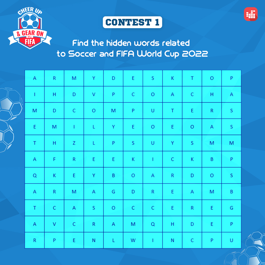 mdcomputers_in's tweet photo. #Giveaway #ContestAlert Find the Hidden Words Related to Soccer and FIFA World Cup 2022. Can You Find Them All??
Steps: Find the hidden words related to Soccer and FIFA World Cup 2022 &amp; share the answers in the comment box and mention #FIFAWorldCup #MDCOMPUTERS Like &amp; RT the post https://t.co/cqXTQGPyMj