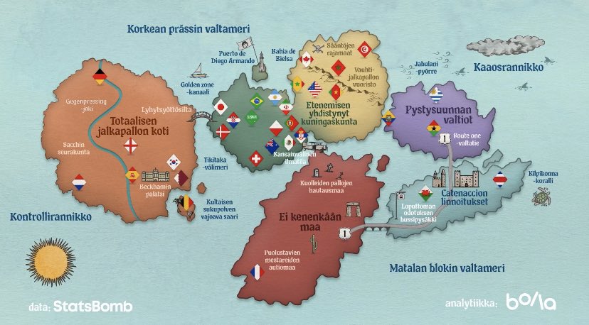 Miika Nuutinen (@miikanuutinen) on Twitter photo Kisojen avauslähetyksessä esiteltiin Bollan kanssa piirretty pelitapakartta, jonka tarkoituksena on näyttää yhdellä kuvalla erot joukkueiden pelityyleissä.
Maiden sijainnit perustuvat MM-karsintojen otteludataan.👇
<a href="/yleurheilu/">Yle Urheilu</a> #mmfutis Kisojen avauslähetyksessä esiteltiin Bollan kanssa piirretty pelitapakartta, jonka tarkoituksena on näyttää yhdellä kuvalla erot joukkueiden pelityyleissä.
Maiden sijainnit perustuvat MM-karsintojen otteludataan.👇
<a href="/yleurheilu/">Yle Urheilu</a> #mmfutis
