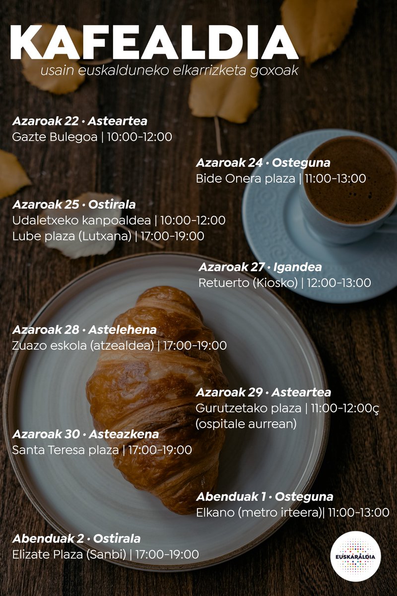 Eta zer egin dezakegu #euskara kaleetara ateratzeko?
Zer iruditzen zaigu kafe eta pasta batzuk hartzea? ☕️🥧🧁🍪
👉 #Kafealdiak
Bihar izango dugu gure lehen kafealdia, <a href="/GazteBulegoaBrk/">GazteBulegoBarakaldo</a>-n, 10:00etatik 12:00etara! Zain gaude!
<a href="/euskaraldia/">EUSKARALDIA</a>, #EuskaraldiaBarakaldo, #EuskaraGozoa