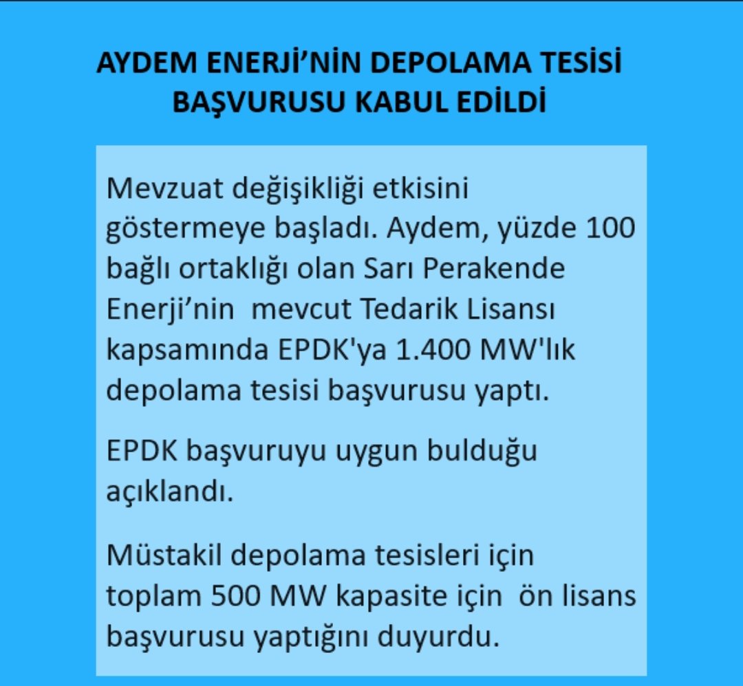 HocasBorsa's tweet photo. AYDEM ENERJİ’NİN DEPOLAMA TESİSİ BAŞVURUSU KABUL EDİLDİ
#enerji #yenilenebilirenerji #ReapBatarya #EPDK #Aydem https://t.co/LRpmS3kvot