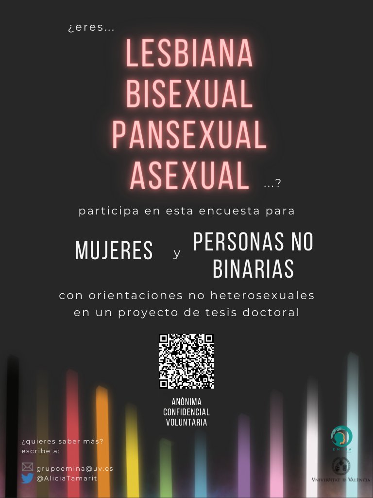 Amigues 🌈 soy Alicia, estoy haciendo mi tesis sobre salud mental en minorías sexuales y busco rellenar el vacío en ciencia sobre mujeres y personas no binarias. Si entras ahí, me ayudaría muchísimo que hicieras esta encuesta (unos 30min)
links.uv.es/JGmmD0S