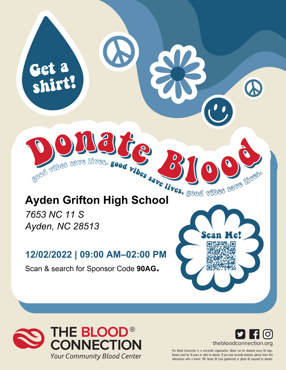 Ayden-Grifton High School will be hosted a blood drive at the school on December 2nd from 9AM- 2PM. If you are interested in signing up scan the QR Code listed below.  #aghschargers #aydennc #griftonnc #chargingtowardsexcellence
