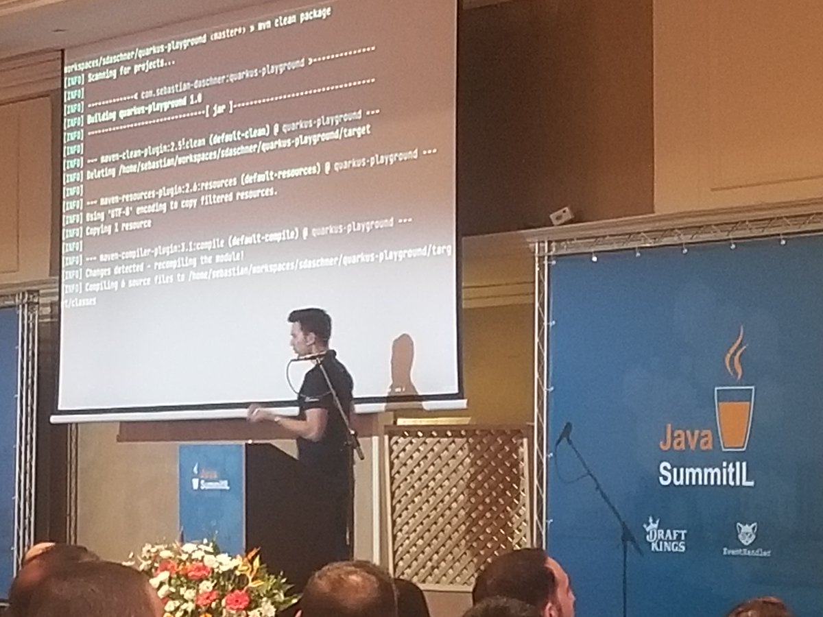 horovits's tweet photo. a live coding session with @DaschnerS on @QuarkusIO, to prove to us its superiority over Spring or Java EE for #cloudnative #microservices based #java apps.
#JavaSummitIL #LiveCoding https://t.co/BynRl82BMw