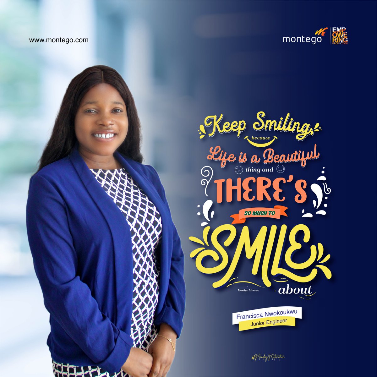 MontegoGroup's tweet photo. New Week!
New Goals! 
Here's Francisca N. - one of our junior engineer's favorite quote. Happy New Week!
#mondaymotivation https://t.co/M2AOY1Mp7p