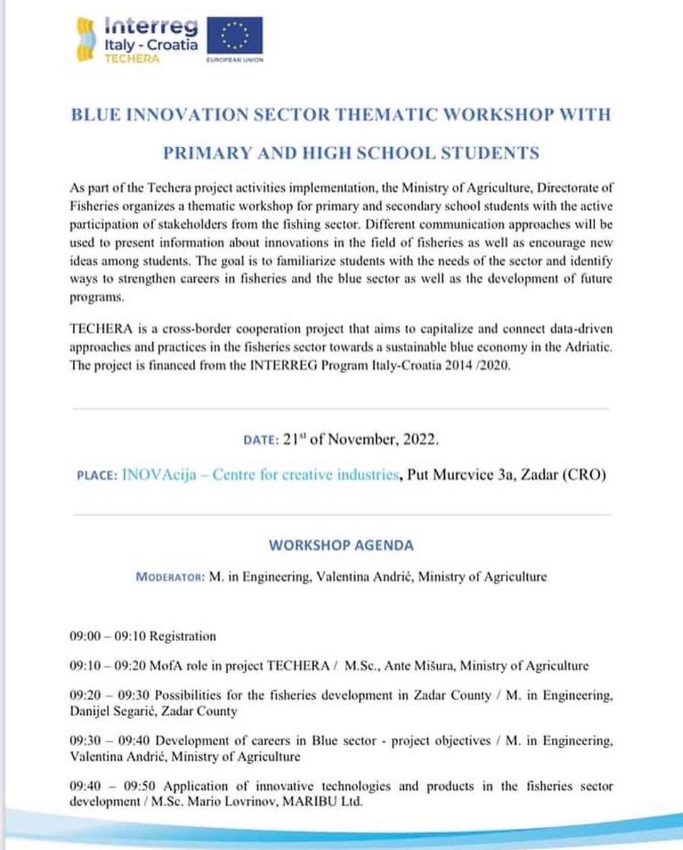 TecheraProject's tweet photo. 📅 21/11/2022‼️
📍 As part of the Techera project activities implementation, Ministry of Agriculture, Directorate of Fisheries 🐠🐡 , as project partner, will organize a ‘’BLUE INNOVATION SECTOR THEMATIC WORKSHOP WITH PRIMARY AND HIGH SCHOOL STUDENTS”

👇See the agenda https://t.co/pHFQTLJLJX