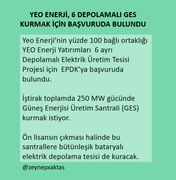 zeynepxaktas's tweet photo. YEO ENERJİ, 6 DEPOLAMALI GES KURMAK İÇİN BAŞVURUDA BULUNDU
#enerji #yenilenebilirenerji #ReapBatarya #YEOTK #elektrik #BISTElektrik #XELKT https://t.co/9dtoFhqtdh