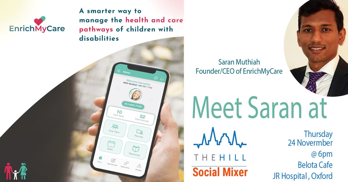 thehilloxford's tweet photo. 3 DAYS TO GO!

One of our MAA 2022 cohort @SaranMuthiah , Founder and CEO of @EnrichMyCare will be showcasing EnrichMyCare at his demo corners at theHill social mixer on 24th November!

Do not forget to reserve your spot via our Eventbrite: https://t.co/O7anPaRtia https://t.co/usMbOY9FdN