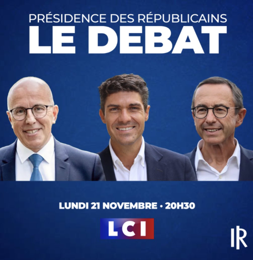 Retrouvons-nous ce soir à 20h30 sur LCI pour le débat des candidats à la présidence des Républicains avec Eric Ciotti, Aurélien Pradié et Bruno Retailleau.