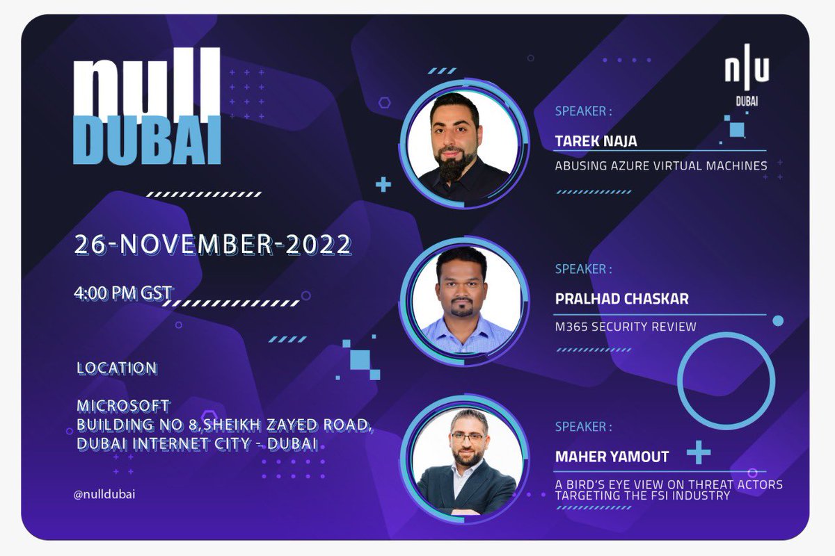 Awesome list of professional speakers lined up for this month <a href="/nullDubai/">nullDubai</a> meetup on 26th Nov, RSVP to attend   null.community/events/854-dub… #NullDubai #SecurityMeetUp #InfoSec #MeetUp