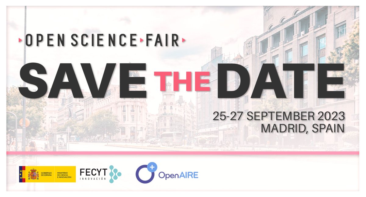 OpenAIRE (@openaire_eu) on Twitter photo (1/2) 📢 Save the Date! <a href="/OpenScienceFAIR/">Open Science Fair</a> is organized every two years as an emblematic initiative of #OpenAIRE. The #OSFAIR2023 event will be co-organized with #FECYT from the Spanish Ministry of #Science and #Innovation, key European projects and other global initiatives. (1/2) 📢 Save the Date! <a href="/OpenScienceFAIR/">Open Science Fair</a> is organized every two years as an emblematic initiative of #OpenAIRE. The #OSFAIR2023 event will be co-organized with #FECYT from the Spanish Ministry of #Science and #Innovation, key European projects and other global initiatives.