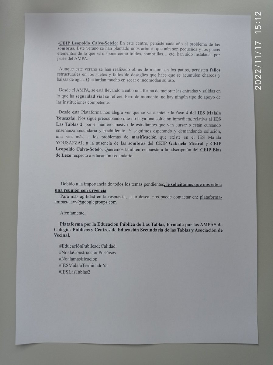 Hoy <a href="/EdPublicaTablas/">Ed Pública LasTablas</a> ha registrado una carta solicitando una reunión urgente cn #ComunidaddeMadrid, xa  temas pendientes  en #LasTablas . 

#EducacionPublicadeCalidad. 
#NoalaConstruccionPorFases
#Noalamasificación 
#IESMalalaTerminadoYA 
#IESLasTablas2

facebook.com/10007076495560…