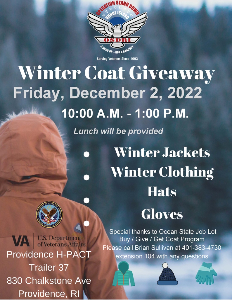 Our annual winter coat giveaway is coming up on Friday, December 2nd from 10-1 at Providence H-PACT Trailer 37 (830 Chalkstone Avenue, Providence, RI).  Special thank you to Ocean State Job Lot Buy/Give/Get Coat Program for their generous donation!