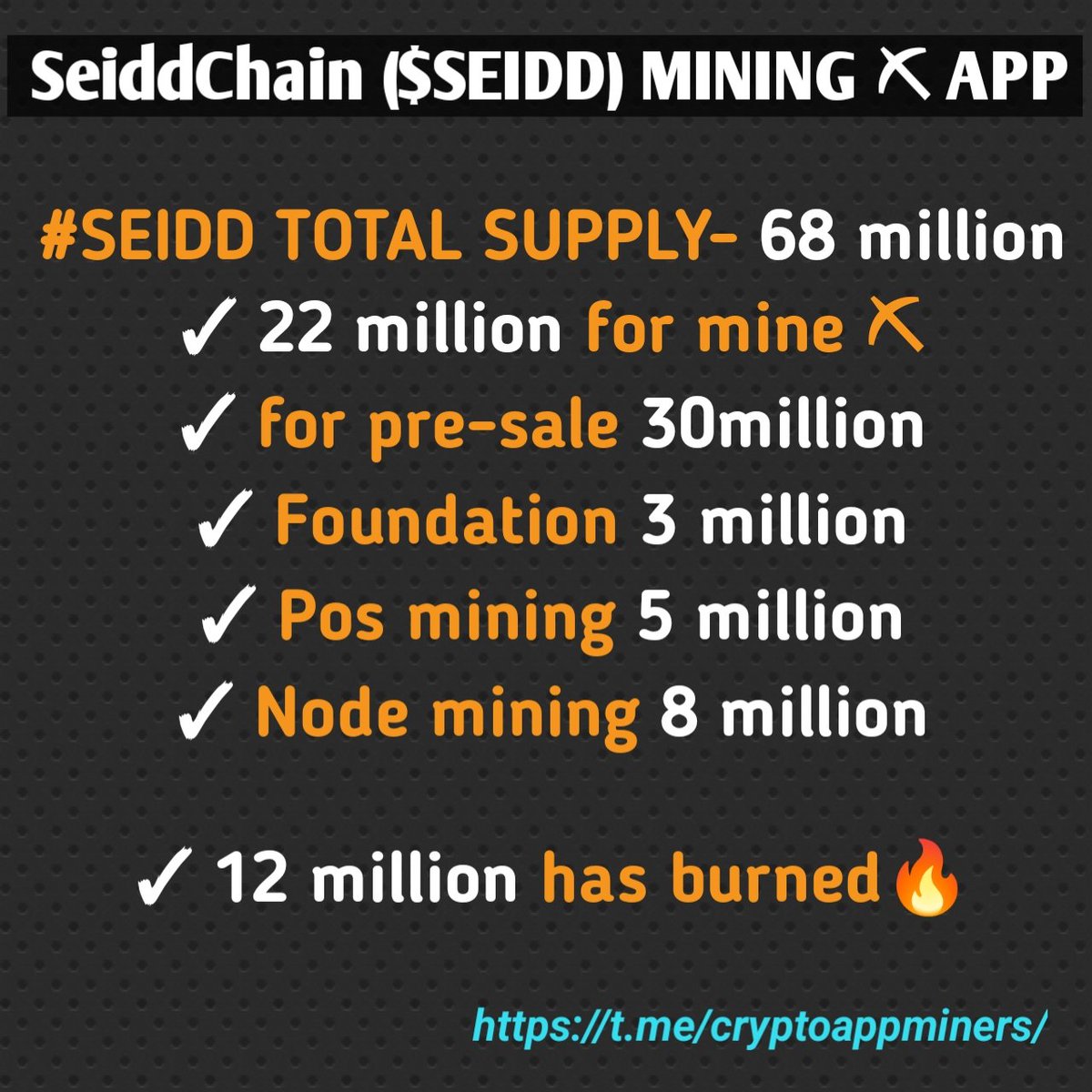 SEIDDapp's tweet photo. #SEIDD TOTAL SUPPLY- 68 million
In which ๐
22 million for mine โ
5 million for Pos mining โ
8 million for Node mining โ
๐ฑ 12 million has burned๐ฅ
โฉ MORE-๐
https://t.co/ho03CfTUjK https://t.co/4J1mhAthV9