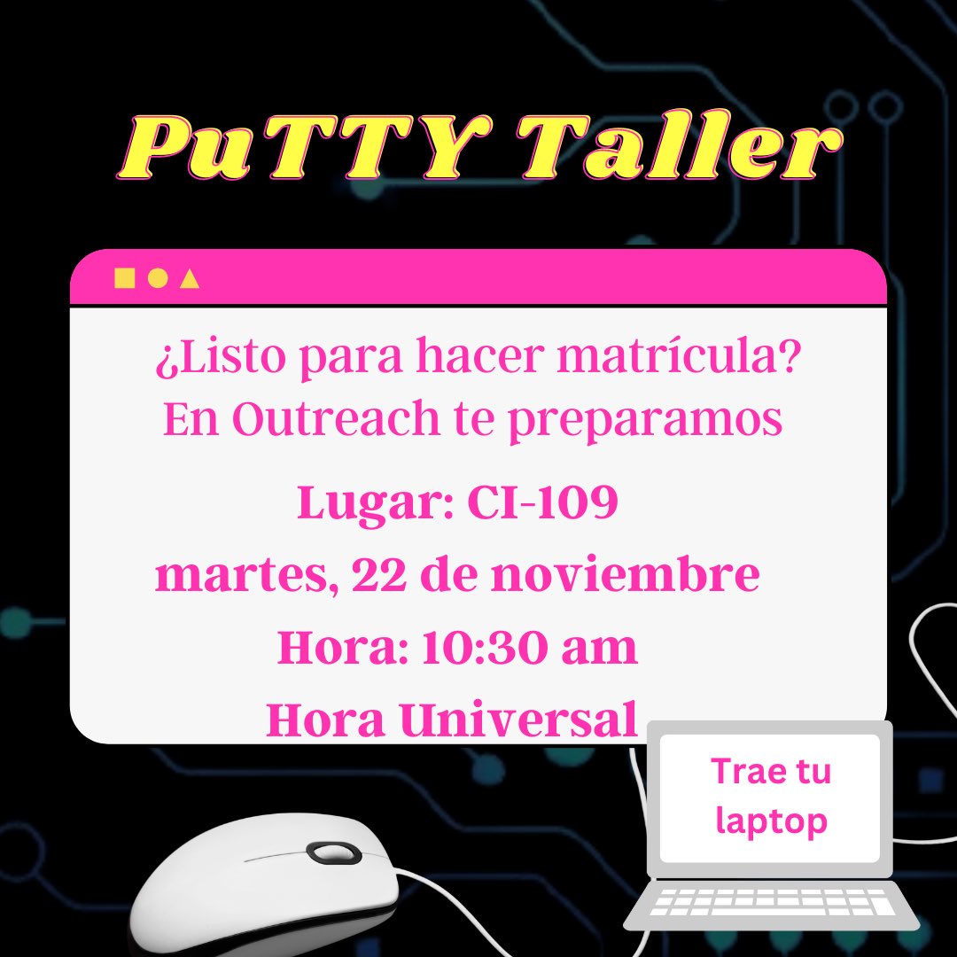 asceoutreach's tweet photo. 🚨MAÑANA MARTES! No te lo pierdas! 🚨

Lugar: CI-109
Hora: 10:30am

•Te ayudamos a instalar PuTTY
•Tips para realizar la matrícula 
•Explicamos el currículo 

Ven y prepárate junto a nosotros!!!💻 Trae tu laptop! https://t.co/W4h2EoPSqV