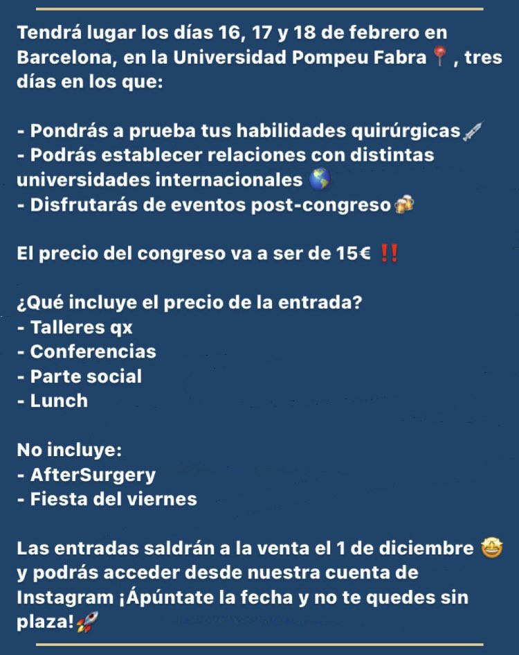 Gimbernat Surgical Society (@aqgimbernat) on Twitter photo ¿Estudias medicina y estás interesado en la cirugía? Si es así, no puedes perderte la nueva edición de SCALPEL🫀, el congreso de cirugía hecho por y para ESTUDIANTES.
Seguidnos en:
- Instagram <a href="/aqgimbernat/">Gimbernat Surgical Society</a>
- TikTok <a href="/aqgimbernat/">Gimbernat Surgical Society</a>
- En nuestra web: aqgimbernat.com ¿Estudias medicina y estás interesado en la cirugía? Si es así, no puedes perderte la nueva edición de SCALPEL🫀, el congreso de cirugía hecho por y para ESTUDIANTES.
Seguidnos en:
- Instagram <a href="/aqgimbernat/">Gimbernat Surgical Society</a>
- TikTok <a href="/aqgimbernat/">Gimbernat Surgical Society</a>
- En nuestra web: aqgimbernat.com