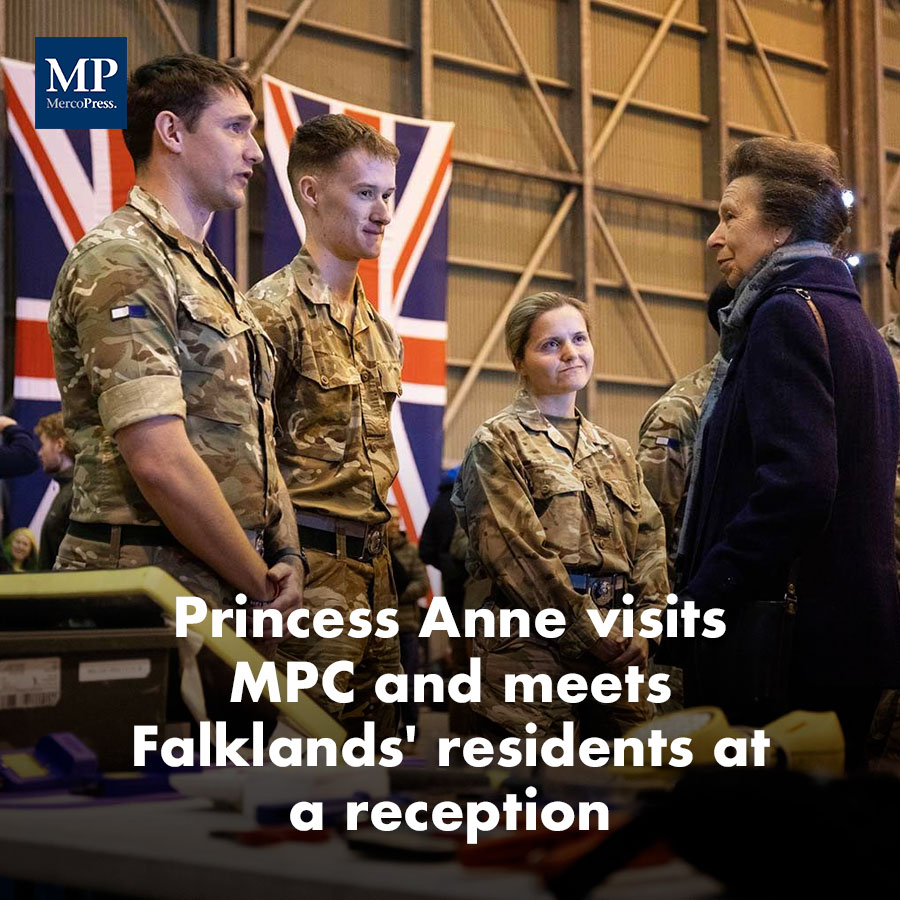 MercoPressNews's tweet photo. #PrincessAnne during her third day in the #Falklands was at #MountPleasantComplex, where she met military staff from the different services and observe much of the equipment deployed to ensure the defense of the Islands. https://t.co/n0PVbIUBF6