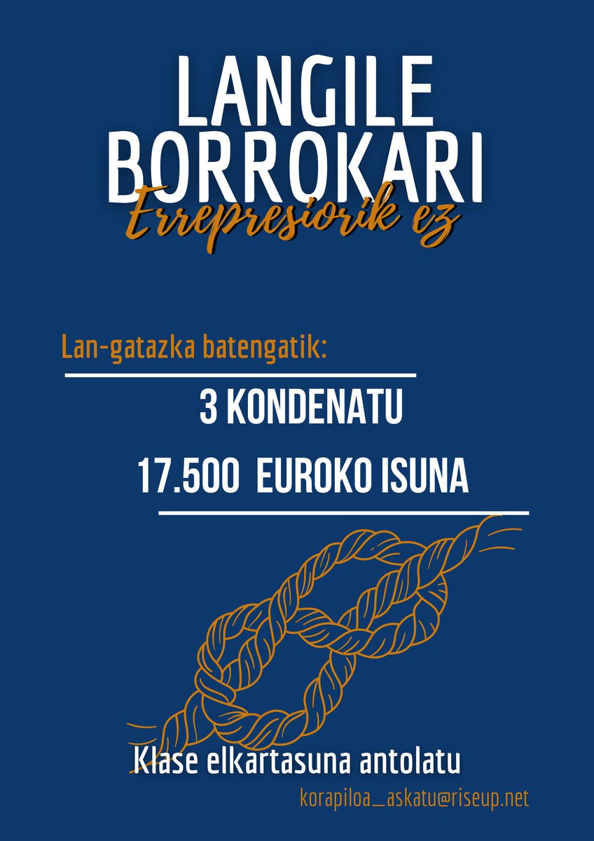 korapiloa_'s tweet photo. 🔴𝟯 𝗞𝗼𝗻𝗱𝗲𝗻𝗮𝘁𝘂 Uribarriko lan-gatazkagatik

17 500 euroko zigorra ezarri diete 3 auzipeturi. Isun horri gainera, bi urteko prozesu judizialaren gastuak gehitu behar zaizkio.

Zigorra gogor salatzen dugu, eta errepresio kasuari aurre egiteko dinamikarekin jarraituko dugu. https://t.co/JlO5qoj3kZ