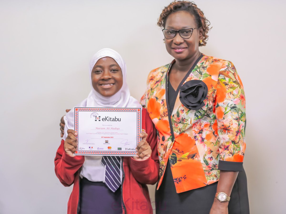 ekitabu's tweet photo. Congratulations to Mariam Ali Hadiya, Digital Essay Competition (DEC) 2022 winner in the Secondary English category. Mariam is a student at Migingo Girls’ High School in Kisumu County. #DECWinners #essaywriting https://t.co/Qag0ujX49Y https://t.co/4jTaDYlWb9