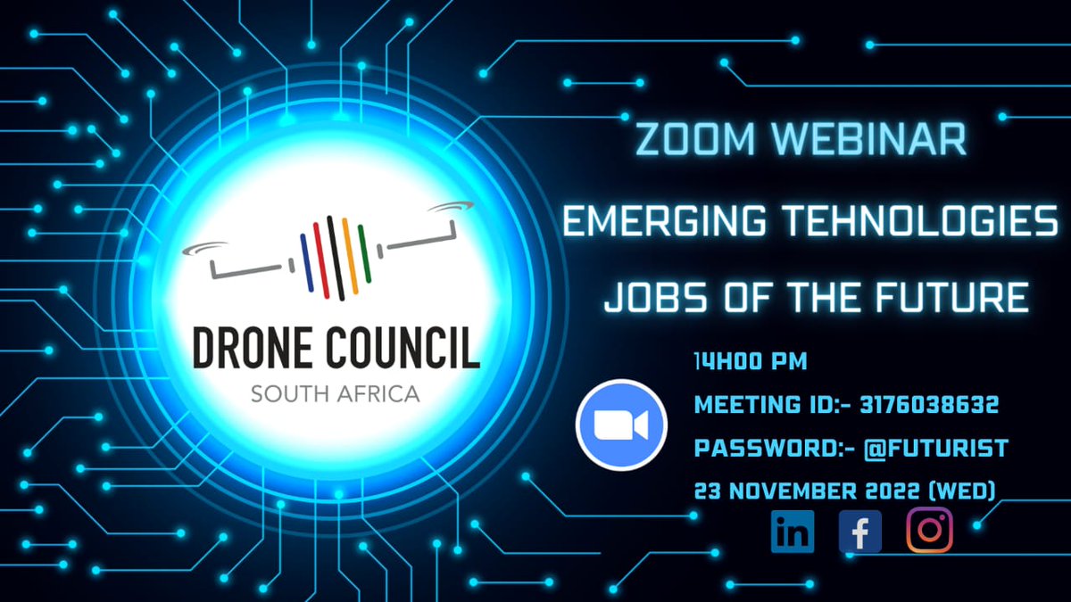 Join us this Wednesday for Drone Wednesday where we will be discussing Emerging Technologies of the Future.

23 November 2022 to our Zoom Webinar at 2pm.

Don't miss out.

#DronecouncilZA #droneeconomy #webinar #thefutureisnow 
#beapartoftheconversation