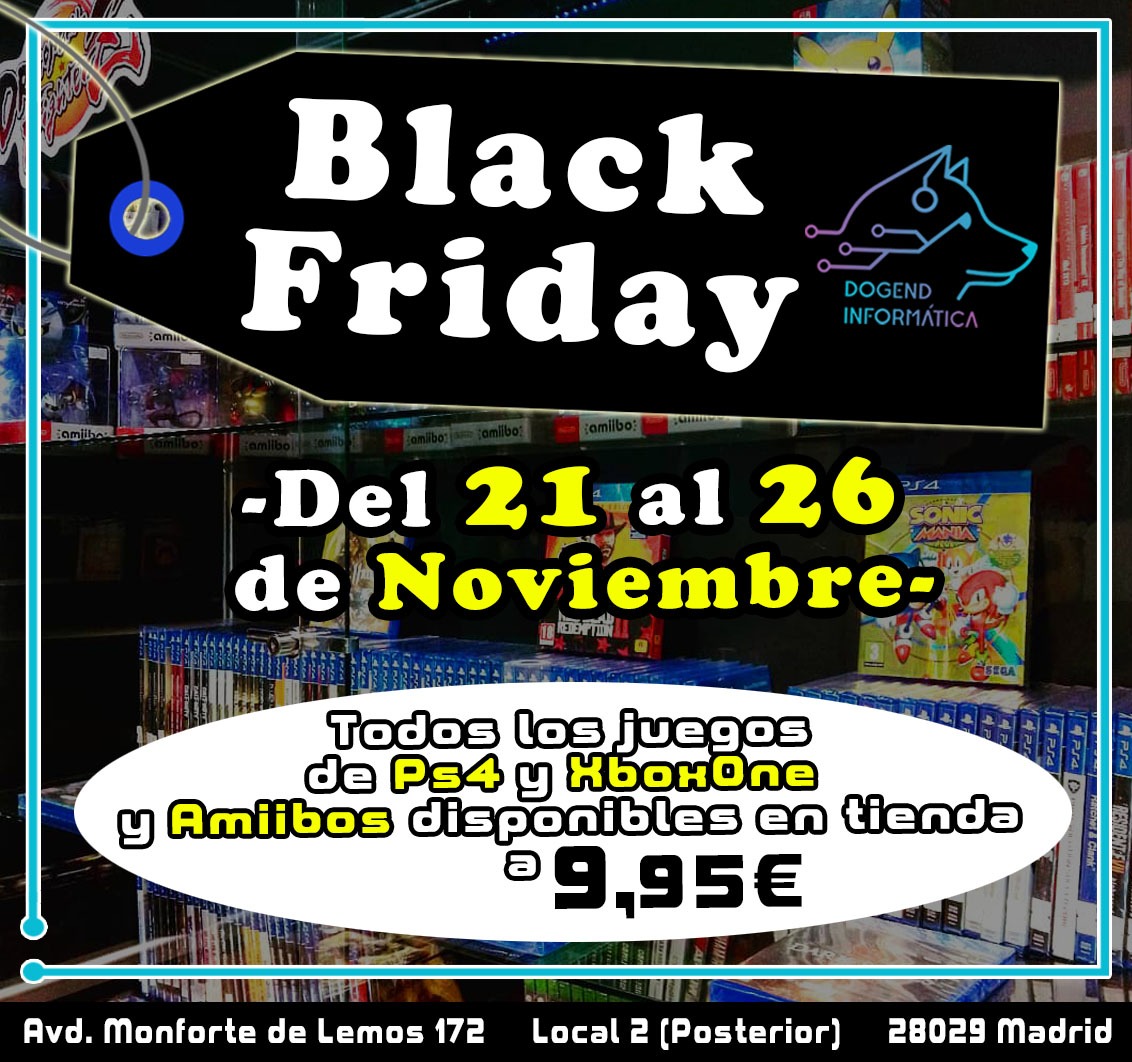 Dogendinfo's tweet photo. Llega el #BlackFriday a #DogendInformatica. Los #videojuegos de #PS4 y #XBoxOne que veas en nuestra vitrina tendrán un precio de 9.95€ durante esta semana. Y lo mismo ocurrirá con las figuras #Amiibo.
#oferta #BarrioDelPilar https://t.co/rwZkWAyxLh