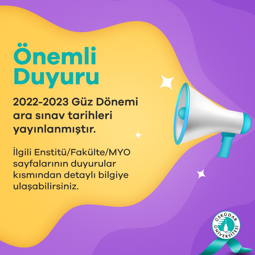 UUDuyuru's tweet photo. 2022-2023 Güz Dönemi ara sınav tarihleri yayınlanmıştır. İlgili Enstitü/Fakülte/MYO sayfalarının duyurular kısmından detaylı bilgiye ulaşabilirsiniz.

#ÜsküdarÜniversitesi https://t.co/wGWgwRJbCk