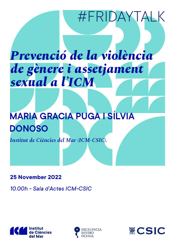 ICMCSIC's tweet image. 🔸l #FridayTalk l🔸

🌊 No et perdis la pròxima #FridayTalk: "Prevenció de la violència de gènere i assetjament sexual a l'ICM", a càrrec de les nostres companyes @MGracia_Puga i Silvia Donoso.

📍 25 de novembre, 10:00h (ICM-CSIC)
▶️ youtube.com/watch?v=tVo-an…