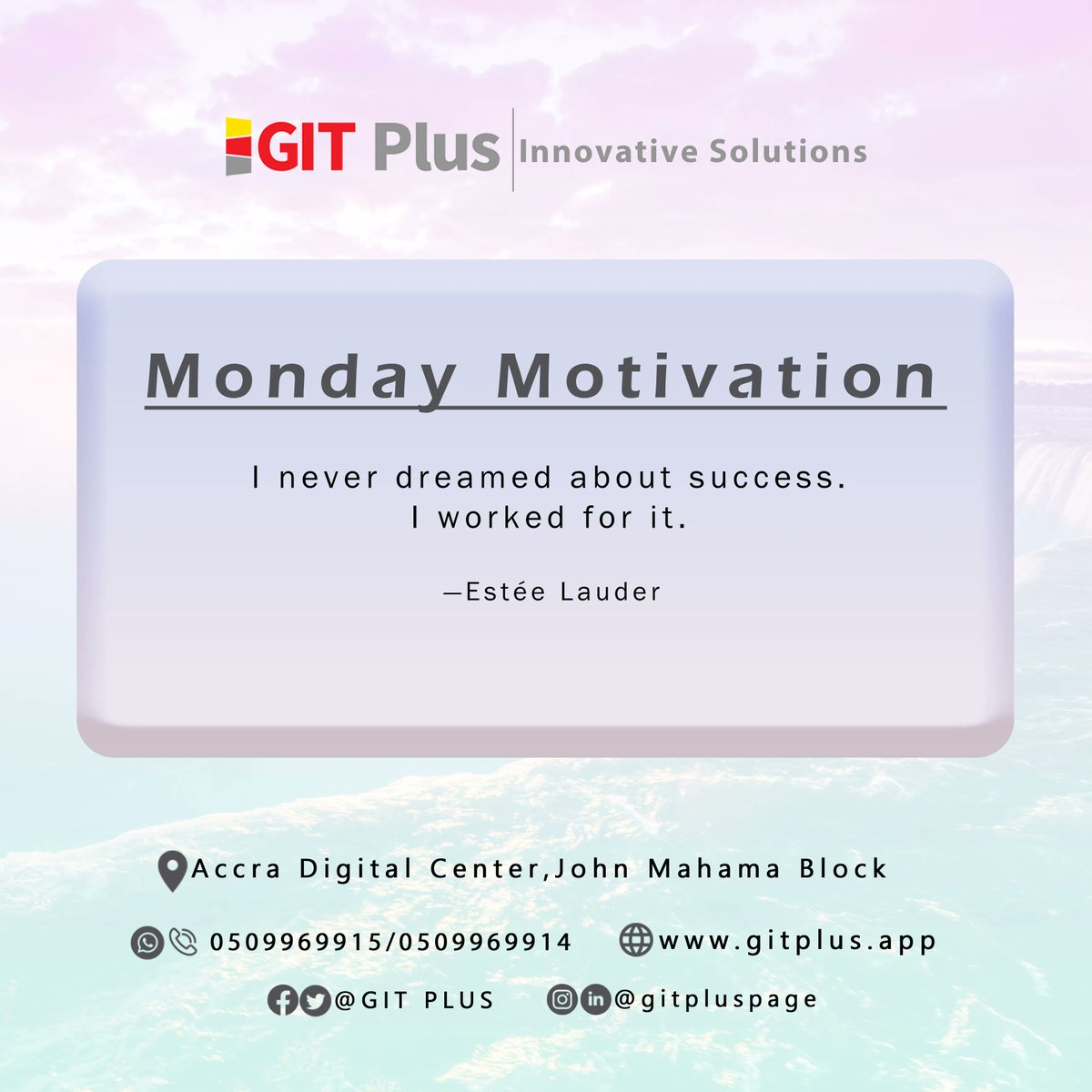 gitpluspage's tweet image. Monday Moltivation. I never dreamed about success. I worked for it. —Estée Lauder 
Click the link for more info Visit us on gitplus.app 
#gitplus
#gitplusacademy
#gitplusintern
#monday
#mondaymorning
#mondaymotivation
#motivation