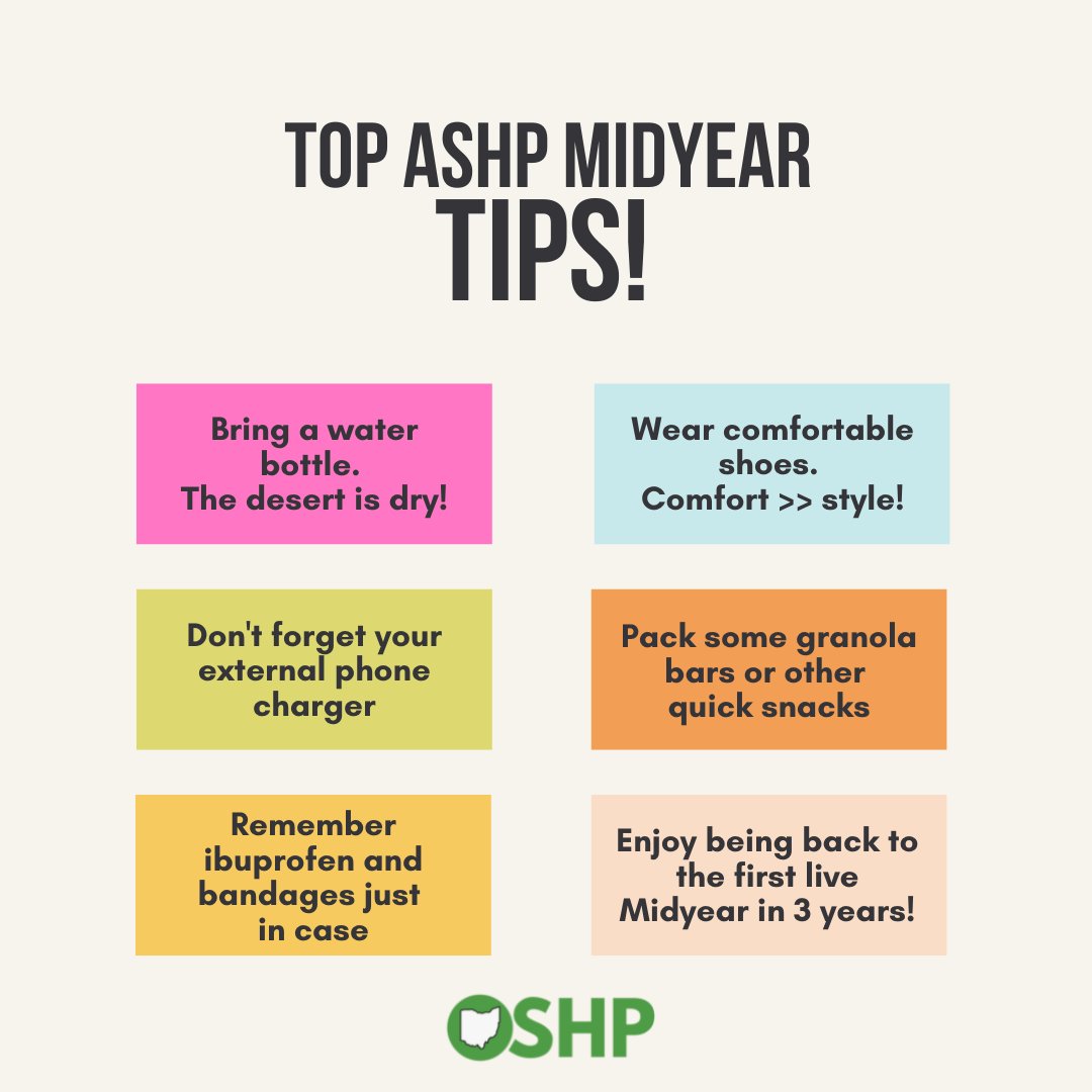 OhioSHP's tweet photo. #MidyearMonday! OSHP wants everyone to be as successful as possible at Midyear in just a few weeks! Here are our best tips. #Midyear22 @ASHPOfficial https://t.co/oPDbTs6ZY0