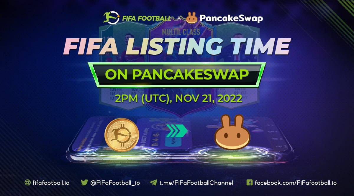 🔥 3 HOURS LEFT BEFORE LISTING PANCAKESWAP 🔥

💁‍♂️ Football tokens trend is coming. Don't miss your chance. 

⛳️ Listing time: 2:00 PM (UTC) November 21, 2022
⛳️ Claming time: 3:00 PM (UTC) November 21, 2022
⛳️ Trading Pairs: $FIFA/BUSD
⛳️ Website to claim: ido.fifafootball.io