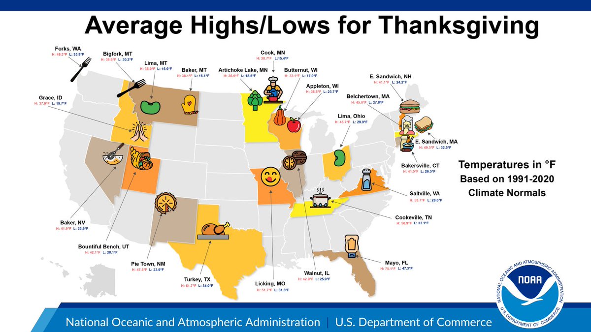 NOAANCEI's tweet photo. Happy holidays! This year, instead of mashed potatoes or stuffing, bring some knowledge 🧠 to the table and recite these Thanksgiving-themed city names to your loved ones.
https://t.co/8eqZDvV8Ti
#Thanksgiving #HappyThanksgiving #ClimateNormals #NOAA https://t.co/Kxz4zgf1ah