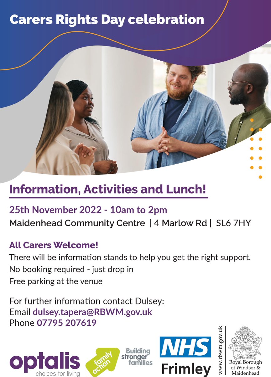 Our friends <a href="/RBWM/">RBWM</a> have asked us to share information on their fantastic Carers Rights Day celebrations:
📆 Friday 25th November
⏰ 10am - 2pm
📍 Maidenhead Community Centre, SL6 7HY
For more information, please contact: dulsey.tapera@rbwm.gov.uk | 07795 207619