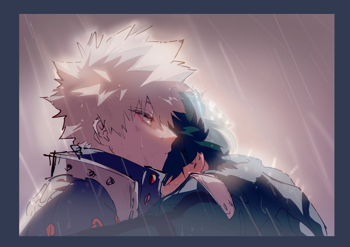 bakugou katsuki ,midoriya izuku multiple boys 2boys male focus rain blonde hair green hair spiked hair  illustration images