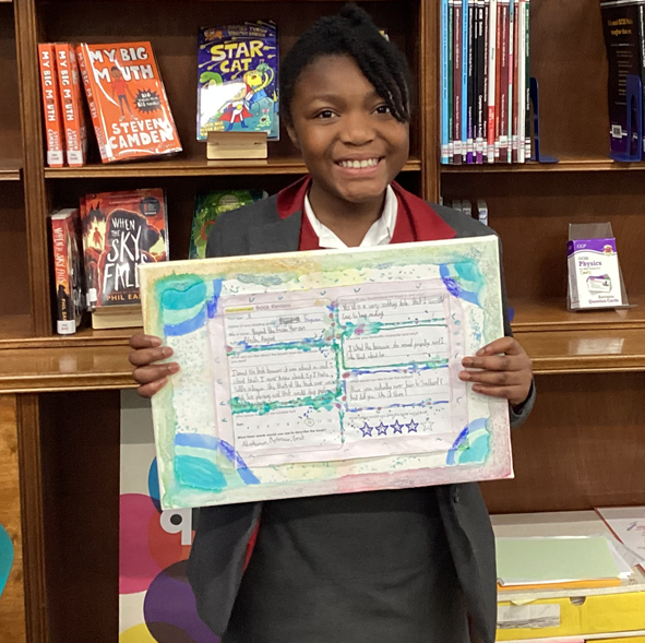 NewHallLib's tweet photo. Congratulations to Alexander, Tilly, Fayanna, Jessie and Hiba who took part a joint Years 5-9 readers' group and came together to share their reviews and artistic responses to Nicola Penfold's ‘Beyond The Frozen Horizon’.  📖🐛💖 @NHPrepLibrary @nicolapenfold #readinghack https://t.co/7GbPDtP88f