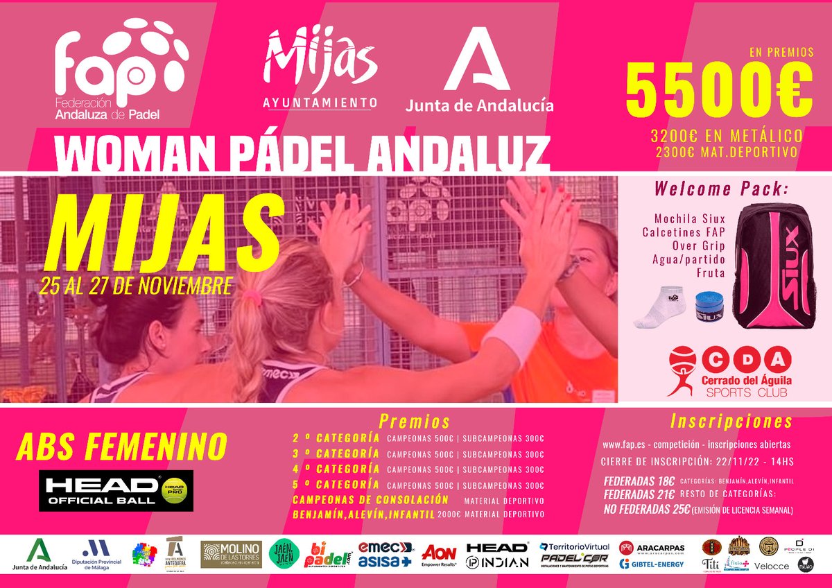 faponline's tweet photo. ⌛️¡Aún estás a tiempo! Ampliamos plazo de inscripción hasta mañana martes a las 14.00h.
🏆Woman Pádel Andaluz en #Mijas
📆25 - 27 nov
💰5.500 euros en premios
📍 @Cerradodeaguila
📝Inscripciones: https://t.co/fytmhgy6bF
#FAP #SomosFAP #MujerFAP #padel https://t.co/GffoQoHx6E