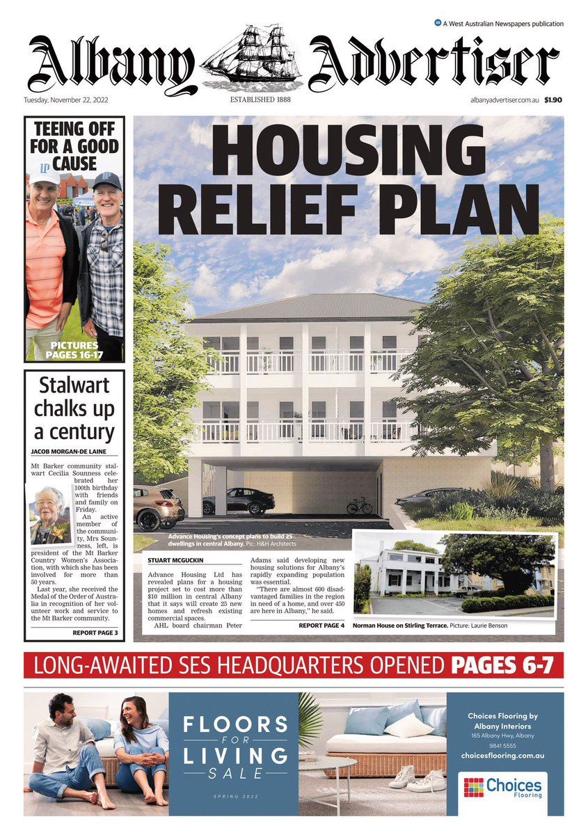 newbs63's tweet photo. A new era begins at the @AlbanyAd with the first front page from our new editor @eliza_kavanagh

Top edition with plans revealed for a new $10million housing project, Mt Barker’s Cecilia Sounness celebrates her 100th birthday and all the pictures from the Hospice Charity Golf Day https://t.co/Bf70v1b80h