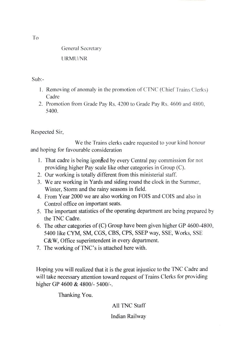 JaitleyInfo's tweet photo. @nfirindia @NFIRCOMMS @BCSharmaURMU @urmuindia
To
General Secretary
NFIR/URMU/NR
Subject:-
1. Removing of anomaly in promotion of CTNC (Chief Trains Clerks) cadre.
2. Promotion from Grade Pay Rs. 4200 to Grade Pay Rs. 4600 and 4800, 5400. https://t.co/HCBUFExoH4