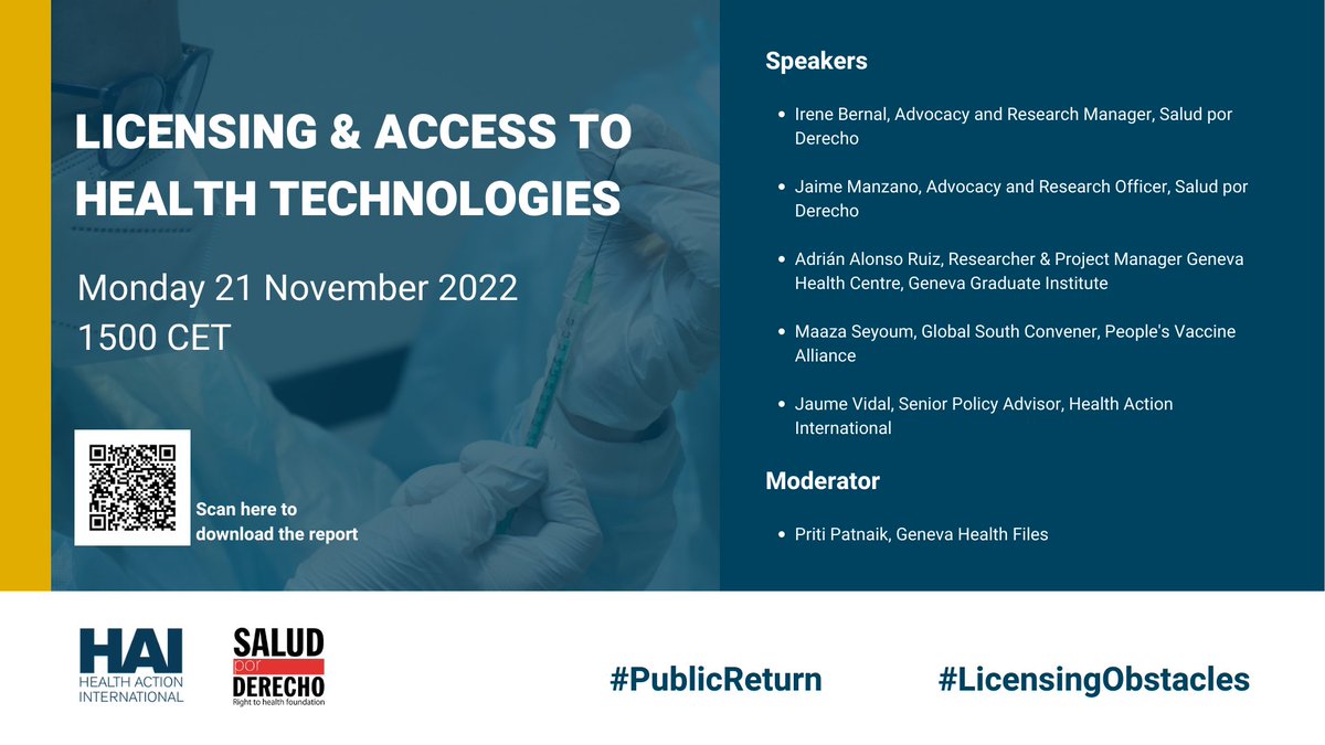 HAImedicines's tweet photo. Starting now, webinar to launch a new report by HAI and @SaludporDerecho on obstacles to licensing of health technologies and how they can be overcome to ensure access and #publicreturn on public investment. Moderated by @pretpat.
Report available now➡️ https://t.co/aI9KHYzK1p https://t.co/zHjqACC5Gi