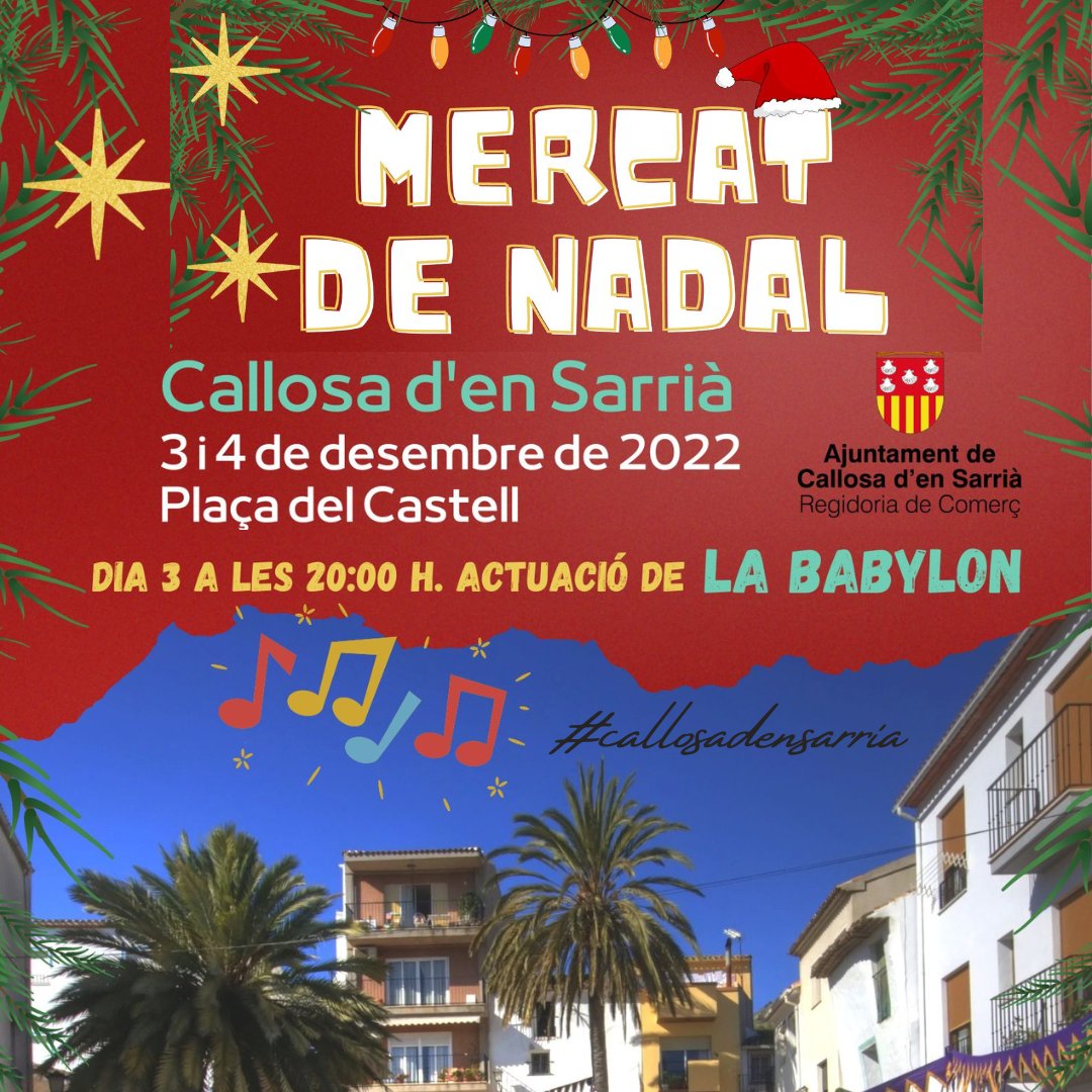 🎄 MERCAT DE NADAL 🎄
Os esperamos el 3 y 4 de diciembre en la Plaça del Castell.

Encontrarás productos artesanos, regalos, dulces y mucho más.

Y la actuación de La Gran Babylon 🎶 el sábado a las 20:00h

#callosadensarria #costablanca #planesconniños #turismofamiliar