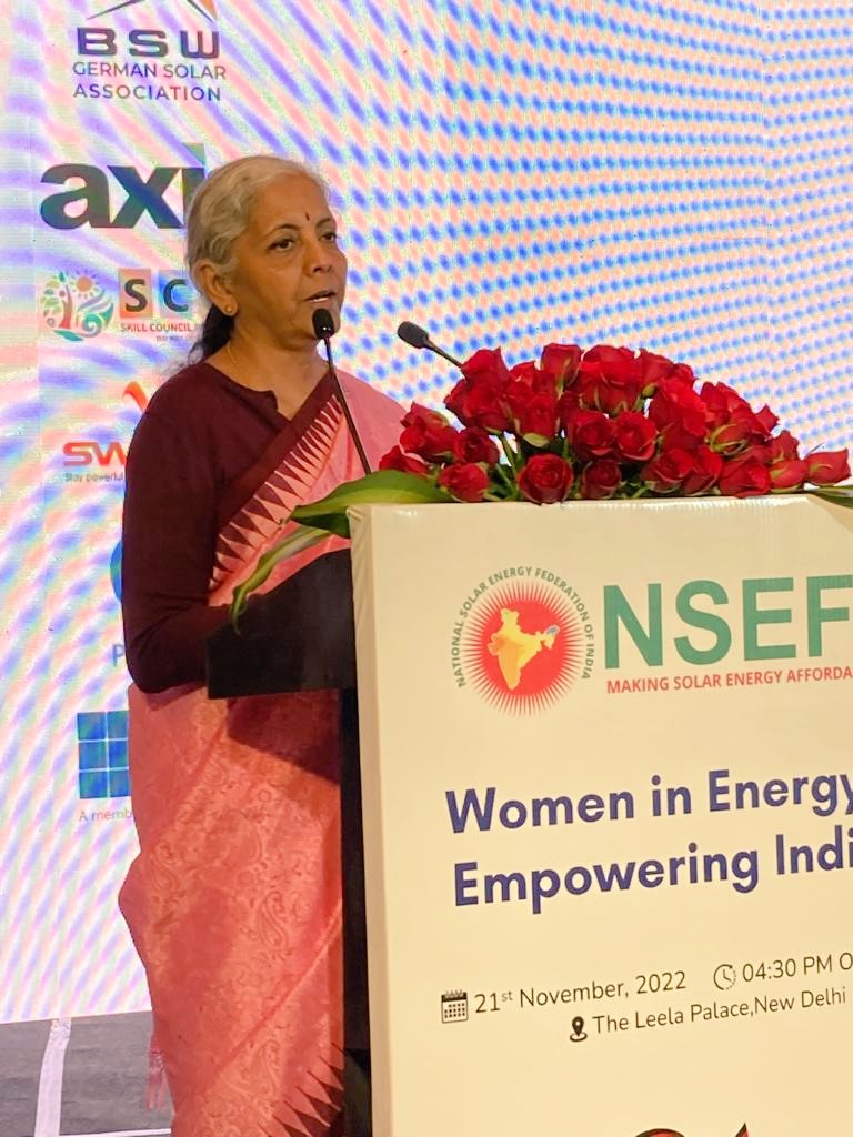 nsitharamanoffc's tweet photo. Smt @nsitharaman addresses the audience at an event on 'Women in Energy: Empowering India' organised by National Solar Energy Federation Of India (@NSEFI_official) in New Delhi. https://t.co/Iu9pjiT1eM