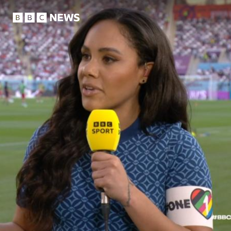 BBCWorld's tweet photo. After it was announced teams would not be wearing OneLove armbands while playing in the World Cup, presenter Alex Scott sported one to present England's opening game

More ⬇