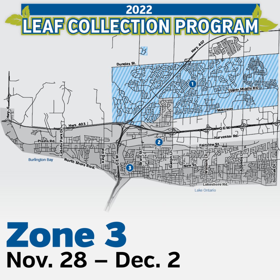 Loose-leaf collection for Zone 3 begins Nov. 28. Have your leaves to the curb no more than 2 days before your zone &amp; keep bike lanes and sidewalks clear. Leaves placed after Nov. 28 will not be picked up. Learn your zone and dates at burlington.ca/LeafCollection. #BurlON