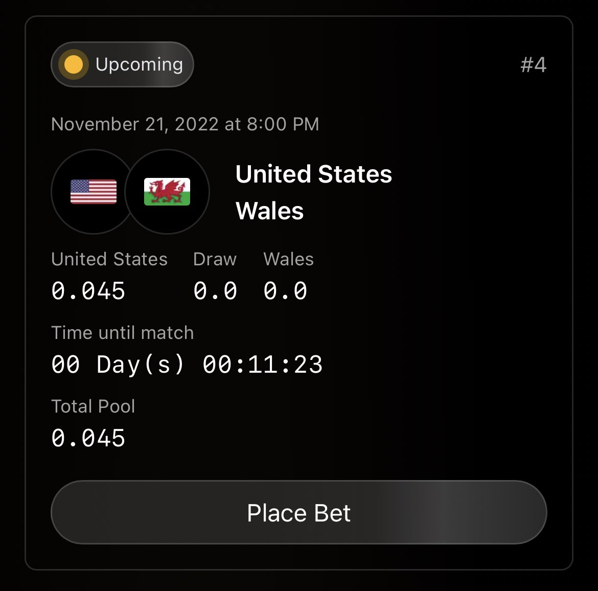 WorldBetInu's tweet photo. Next match! 
United States 🇺🇸 vs Wales 🏴󠁧󠁢󠁷󠁬󠁳󠁿 
Only 10 minutes left, place your bet now!

https://t.co/1mgoYFSxhw

#WorldBetInu #Bet #WC2022 #WC22 #WCQatar2022 #WorldCup2022 https://t.co/b40uHfRy1Q