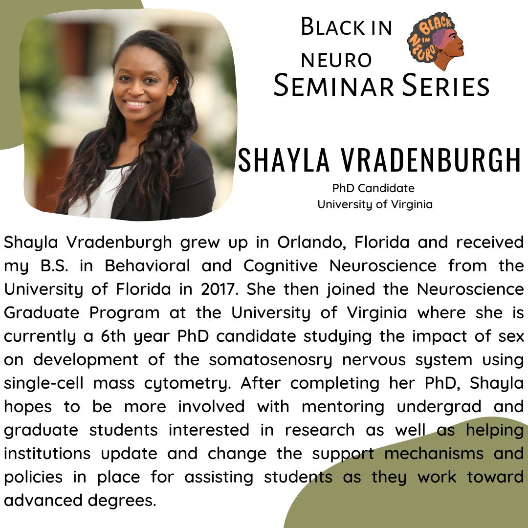 BlackInNeuro's tweet image. We are excited to have our first graduate student speaker of the year for the #BINSeminarSeries,  Shayla Vradenburgh from the University of Virginia! Join us December 2nd 9AM PT| 12PM ET| 5PM GST. Register here ➡️: blackinneuro47.wildapricot.org/event-5050401

See you all there ✨🧠