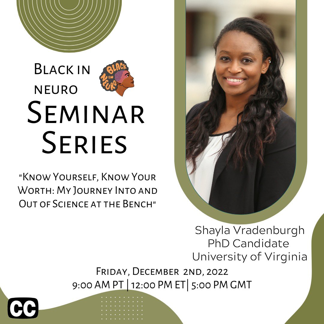 BlackInNeuro's tweet image. We are excited to have our first graduate student speaker of the year for the #BINSeminarSeries,  Shayla Vradenburgh from the University of Virginia! Join us December 2nd 9AM PT| 12PM ET| 5PM GST. Register here ➡️: blackinneuro47.wildapricot.org/event-5050401

See you all there ✨🧠
