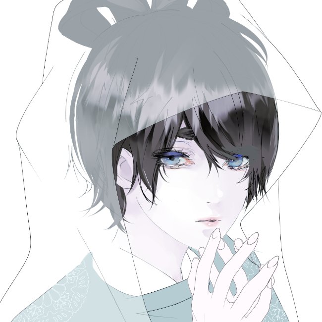 solo blue eyes white background short hair black hair looking at viewer veil  illustration images